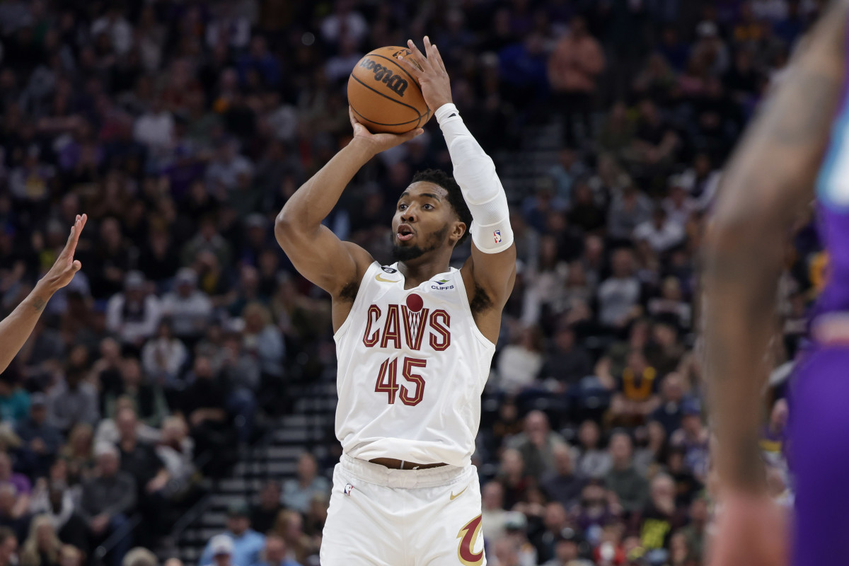 Jan 10, 2023; Salt Lake City, Utah, USA; Cleveland Cavaliers guard Donovan Mitchell (45) shoots the ball during the second quarter against the Utah Jazz at Vivint Arena.